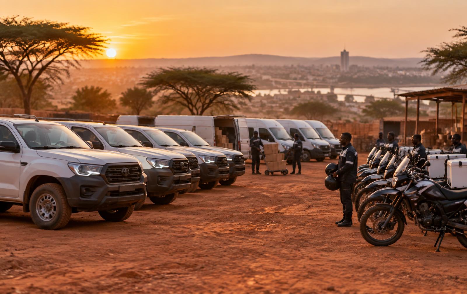 Flotte de véhicules et motos au crépuscule à Bamako